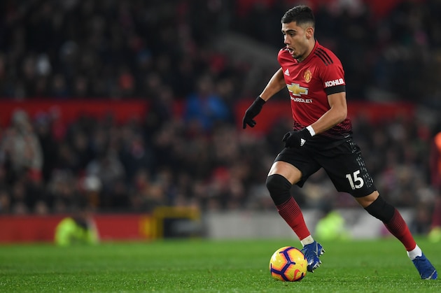 Manchester United's Belgian-born Brazilian midfielder Andreas Pereira runs with the ball during the English Premier League football match between Manchester United and Burnley at Old Trafford in Manchester, north west England, on January 29, 2019. (Photo by Paul ELLIS / AFP) / RESTRICTED TO EDITORIAL USE. No use with unauthorized audio, video, data, fixture lists, club/league logos or 'live' services. Online in-match use limited to 120 images. An additional 40 images may be used in extra time. No video emulation. Social media in-match use limited to 120 images. An additional 40 images may be used in extra time. No use in betting publications, games or single club/league/player publications. /         (Photo credit should read PAUL ELLIS/AFP/Getty Images)