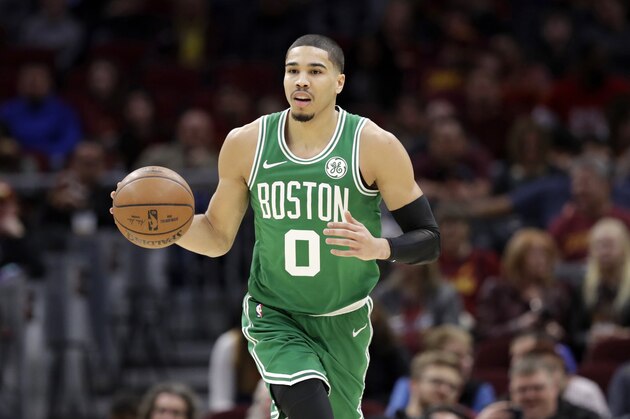 Boston Celtics' Jayson Tatum drives to the basket against the Cleveland Cavaliers in the first half of an NBA basketball game, Tuesday, Feb. 5, 2019, in Cleveland. (AP Photo/Tony Dejak)