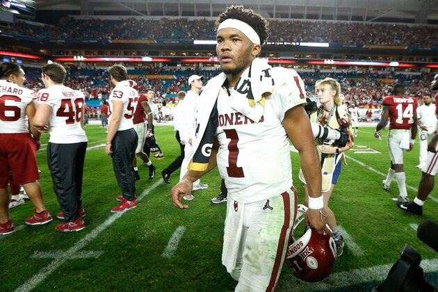 MIAMI, FL - DECEMBER 29:  Kyler Murray #1 of the Oklahoma Sooners reacts after losing to the Alabama Crimson Tide in the College Football Playoff Semifinal at the Capital One Orange Bowl at Hard Rock Stadium on December 29, 2018 in Miami, Florida.  (Photo by Michael Reaves/Getty Images)
