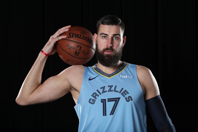 MEMPHIS, TN - FEBRUARY 11: Jonas Valanciunas #17 of the Memphis Grizzlies poses for a portrait on February 11, 2019 at FedExForum in Memphis, Tennessee.  NOTE TO USER: User expressly acknowledges and agrees that, by downloading and or using this photograph, User is consenting to the terms and conditions of the Getty Images License Agreement. Mandatory Copyright Notice: Copyright 2019 NBAE (Photo by Joe Murphy/NBAE via Getty Images)