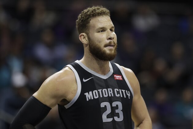 Detroit Pistons' Blake Griffin (23) waits for a free throw during the first half of an NBA basketball game against the Charlotte Hornets in Charlotte, N.C., Wednesday, Dec. 12, 2018. (AP Photo/Chuck Burton)