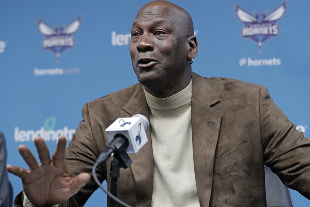 Charlotte Hornets owner Michael Jordan speaks to the media about hosting the NBA All-Star basketball game during a news conference in Charlotte, N.C., Tuesday, Feb. 12, 2019. (AP Photo/Chuck Burton)