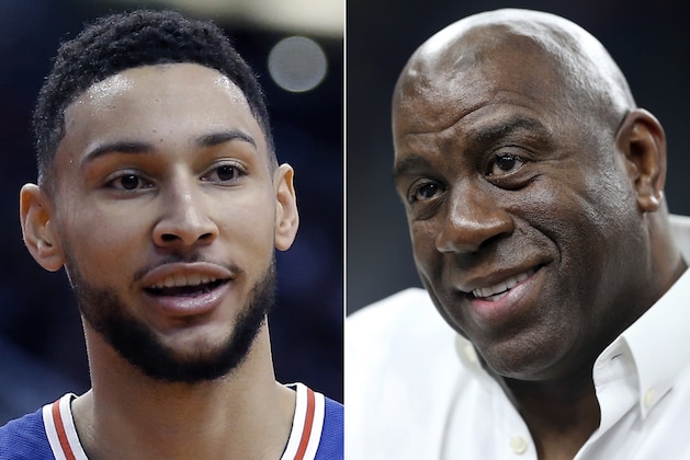 FILE - At left, in a Jan. 2, 2019, file photo, Philadelphia 76ers guard Ben Simmons is shown in the first half of an NBA basketball game against the Phoenix Suns, in Phoenix. At right, in a March 8, 2018, file photo, Magic Johnson attends an NCAA college basketball game in the quarterfinals of the Pac-12 men's tournament, in Las Vegas. The NBA is going to investigate whether league rules were broken when Philadelphia's Ben Simmons inquired about meeting with Los Angeles Lakers president Magic Johnson for playing tips. League spokesman Mike Bass said Monday, Feb. 11, 2019, that the NBA will look at the matter. (AP Photo/File)