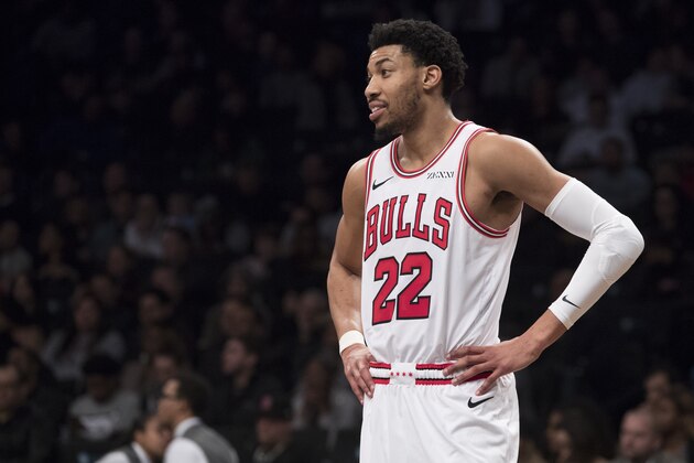 Chicago Bulls forward Otto Porter Jr., reacts during the second half of an NBA basketball game against the Brooklyn Nets, Friday, Feb. 8, 2019, in New York. The Bulls won 125-106. (AP Photo/Mary Altaffer)
