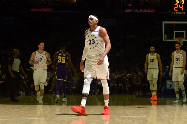 PHILADELPHIA, PA - FEBRUARY 10: Tobias Harris #33 of the Philadelphia 76ers looks on against the Los Angeles Lakers on February 10, 2019 at the Wells Fargo Center in Philadelphia, Pennsylvania NOTE TO USER: User expressly acknowledges and agrees that, by downloading and/or using this Photograph, user is consenting to the terms and conditions of the Getty Images License Agreement. Mandatory Copyright Notice: Copyright 2019 NBAE (Photo by Jesse D. Garrabrant/NBAE via Getty Images)