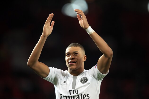 MANCHESTER, ENGLAND - FEBRUARY 12:  Kylian Mbappe of Paris Saint-Germain celebrates during the UEFA Champions League Round of 16 First Leg match between Manchester United and Paris Saint-Germain at Old Trafford on February 12, 2019 in Manchester, England. (Photo by Marc Atkins/Getty Images)