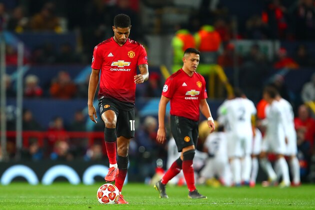 MANCHESTER, ENGLAND - FEBRUARY 12:  Marcus Rashford of Manchester United reacts after Paris Saint-Germain's first goal during the UEFA Champions League Round of 16 First Leg match between Manchester United and Paris Saint-Germain at Old Trafford on February 12, 2019 in Manchester, England. (Photo by Robbie Jay Barratt - AMA/Getty Images)