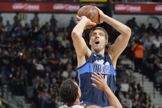 SAN ANTONIO, TX - NOVEMBER 27: Dirk Nowitzki #41 of the Dallas Mavericks shoots a three-pointer against the San Antonio Spurs on November 27, 2017 at the AT&T Center in San Antonio, Texas. NOTE TO USER: User expressly acknowledges and agrees that, by downloading and or using this photograph, user is consenting to the terms and conditions of the Getty Images License Agreement. Mandatory Copyright Notice: Copyright 2017 NBAE (Photos by Mark Sobhani/NBAE via Getty Images)