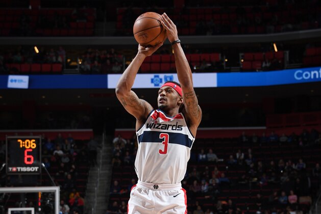 DETROIT, MI - FEBRUARY 11: Bradley Beal #3 of the Washington Wizards shoots the ball against the Detroit Pistons on February 11, 2019 at Little Caesars Arena in Detroit, Michigan. NOTE TO USER: User expressly acknowledges and agrees that, by downloading and/or using this photograph, User is consenting to the terms and conditions of the Getty Images License Agreement. Mandatory Copyright Notice: Copyright 2019 NBAE (Photo by Chris Schwegler/NBAE via Getty Images)