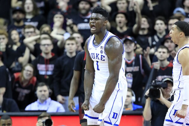 LOUISVILLE, KENTUCKY - FEBRUARY 12:   Zion Williamson #1 of the Duke Blue Devils celebrates in the 71-69 win over the Louisville Cardinals at KFC YUM! Center on February 12, 2019 in Louisville, Kentucky. (Photo by Andy Lyons/Getty Images)