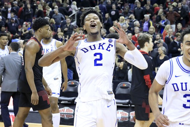 LOUISVILLE, KENTUCKY - FEBRUARY 12:    Cam Reddish #2  of the Duke Blue Devils celebrates after the 71-69 win over the Louisville Cardinals at KFC YUM! Center on February 12, 2019 in Louisville, Kentucky. (Photo by Andy Lyons/Getty Images)