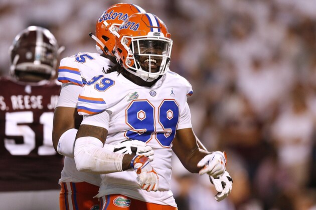 STARKVILLE, MS - SEPTEMBER 29:  Jachai Polite #99 of the Florida Gators celebrates a sack during the second half against the Mississippi State Bulldogs at Davis Wade Stadium on September 29, 2018 in Starkville, Mississippi.  (Photo by Jonathan Bachman/Getty Images)