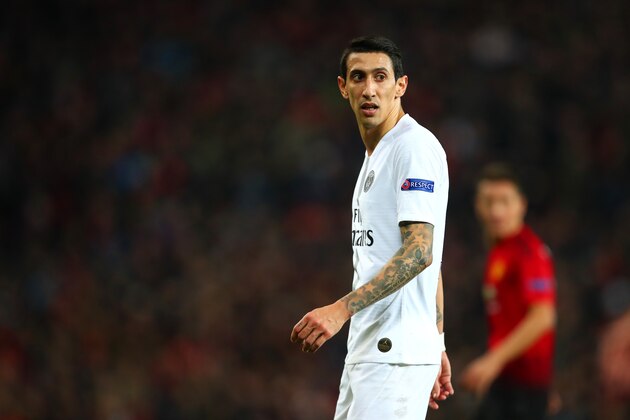 MANCHESTER, ENGLAND - FEBRUARY 12:  Angel Di Maria of Paris Saint-Germain in action during the UEFA Champions League Round of 16 First Leg match between Manchester United and Paris Saint-Germain at Old Trafford on February 12, 2019 in Manchester, England. (Photo by Robbie Jay Barratt - AMA/Getty Images)