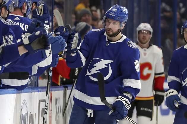 Tampa Bay Lightning's Nikita Kucherov, of Russia, celebrates his goal against the Calgary Flames during the first period of an NHL hockey game Tuesday, Feb. 12, 2019, in Tampa, Fla. The Lightning won 6-3. (AP Photo/Mike Carlson)