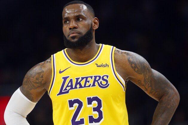 Los Angeles Lakers forward LeBron James is shown during the second half of an NBA basketball game against the Atlanta Hawks Tuesday, Feb. 12, 2019, in Atlanta. The Hawks won 117-113. (AP Photo/John Bazemore)
