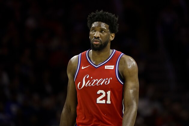 Philadelphia 76ers' Joel Embiid in action during an NBA basketball game against the Toronto Raptors, Tuesday, Feb. 5, 2019, in Philadelphia. (AP Photo/Matt Slocum)