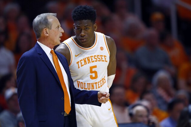 Tennessee head coach Rick Barnes gives instructions to guard Admiral Schofield (5) in the second half of an NCAA college basketball game against West Virginia Saturday, Jan. 26, 2019, in Knoxville, Tenn. Tennessee won 83-66. (AP Photo/Wade Payne)