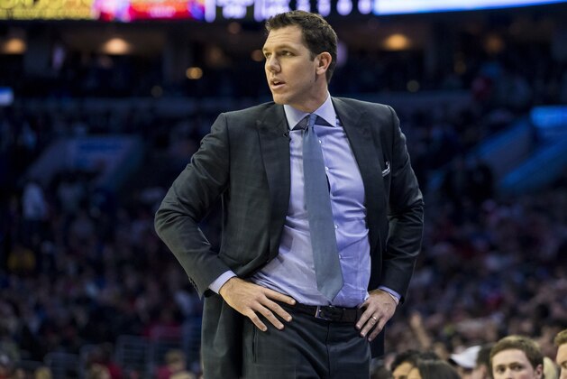 Los Angeles Lakers' head coach Luke Walton looks on during the first half of an NBA basketball game against the Philadelphia 76ers, Sunday, Feb. 10, 2019, in Philadelphia. The 76ers won 143-120. (AP Photo/Chris Szagola)