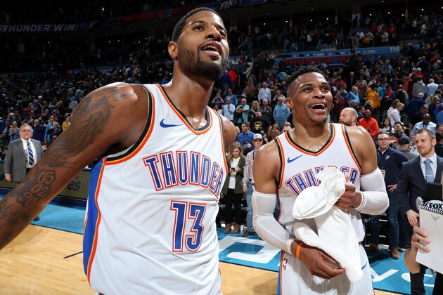 OKLAHOMA CITY, OK - FEBRUARY 11: Paul George #13 and Russell Westbrook #0 of the Oklahoma City Thunder look on after the game against the Portland Trail Blazers on February 11, 2019 at Chesapeake Energy Arena in Oklahoma City, Oklahoma. NOTE TO USER: User expressly acknowledges and agrees that, by downloading and/or using this photograph, user is consenting to the terms and conditions of the Getty Images License Agreement. Mandatory Copyright Notice: Copyright 2019 NBAE (Photo by Zach Beeker/NBAE via Getty Images)