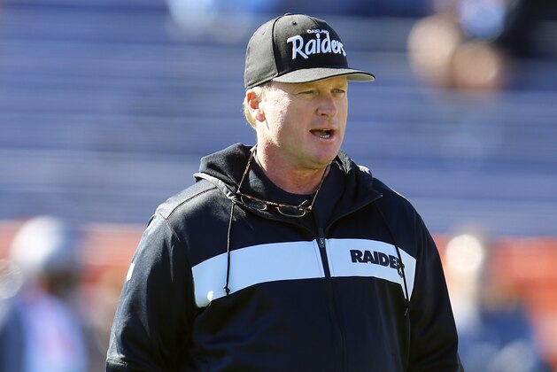 North head coach Jon Gruden of the Oakland Raiders during practice for Saturday's Senior Bowl college football game, Thursday, Jan. 24, 2019, in Mobile, Ala. (AP Photo/Butch Dill)