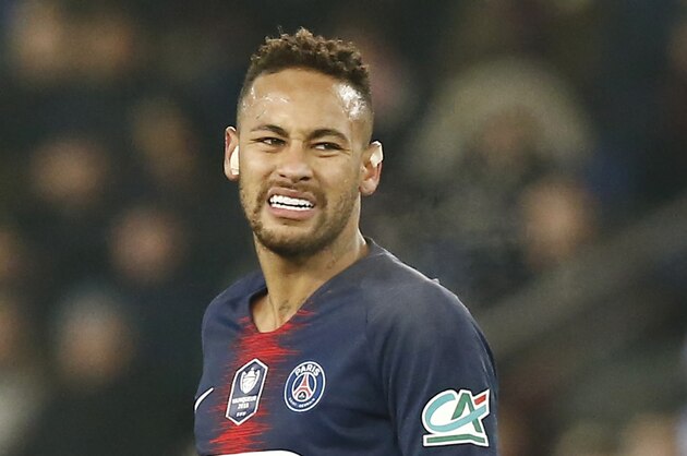 PSG's Neymar reacts after he missed a goal opportunity during the French Cup soccer match between Paris Saint Germain and Strasbourg at the Parc des Princes stadium in Paris, Wednesday, Jan. 23, 2019. (AP Photo/Michel Euler)