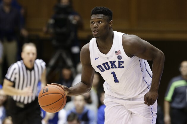 Duke's Zion Williamson dribbles against Eastern Michigan during the second half of an NCAA college basketball game in Durham, N.C., Wednesday, Nov. 14, 2018. (AP Photo/Gerry Broome)