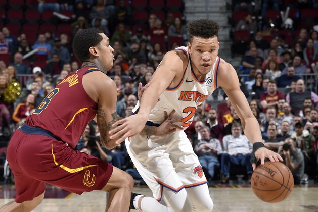 CLEVELAND, OH - FEBRUARY 11: Kevin Knox #20 of the New York Knicks handles the ball against the Cleveland Cavaliers on February 11, 2019 at Quicken Loans Arena in Cleveland, Ohio. NOTE TO USER: User expressly acknowledges and agrees that, by downloading and/or using this photograph, user is consenting to the terms and conditions of the Getty Images License Agreement. Mandatory Copyright Notice: Copyright 2019 NBAE (Photo by David Liam Kyle/NBAE via Getty Images)