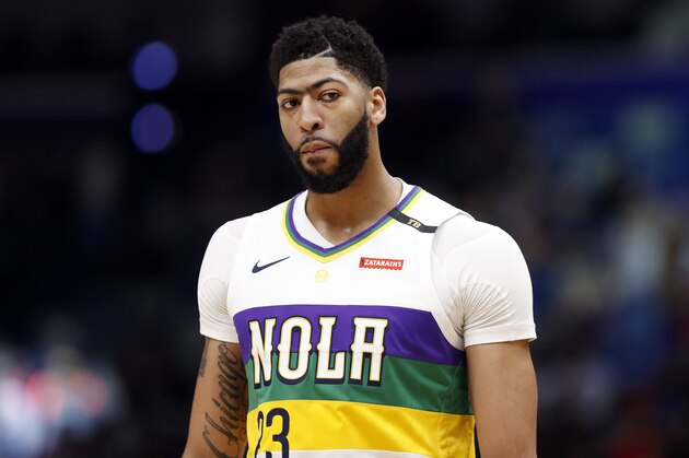New Orleans Pelicans forward Anthony Davis (23) during the first half of an NBA basketball game in New Orleans, Tuesday, Feb. 12, 2019. (AP Photo/Tyler Kaufman)