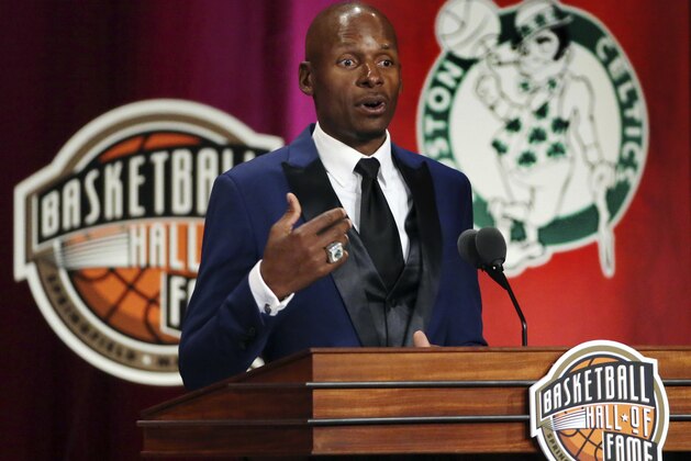 Ray Allen speaks during induction ceremonies into the Basketball Hall of Fame on Friday, Sept. 7, 2018, in Springfield, Mass. (AP Photo/Elise Amendola)