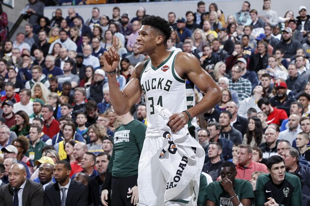 INDIANAPOLIS, IN - FEBRUARY 13: Giannis Antetokounmpo #34 of the Milwaukee Bucks looks on against the Indiana Pacers in the second half of the game at Bankers Life Fieldhouse on February 13, 2019 in Indianapolis, Indiana. The Bucks won 106-97. NOTE TO USER: User expressly acknowledges and agrees that, by downloading and or using the photograph, User is consenting to the terms and conditions of the Getty Images License Agreement. (Photo by Joe Robbins/Getty Images)