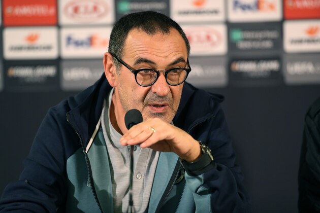 Chelsea's manager Maurizio Sarri speaks during a press conference in Malmo, Sweden, on February 13, 2019 one day ahead of the Europa League first leg football match between Malmo FF and Chelsea. (Photo by Andreas HILLERGREN / TT NEWS AGENCY / AFP) / Sweden OUT        (Photo credit should read ANDREAS HILLERGREN/AFP/Getty Images)