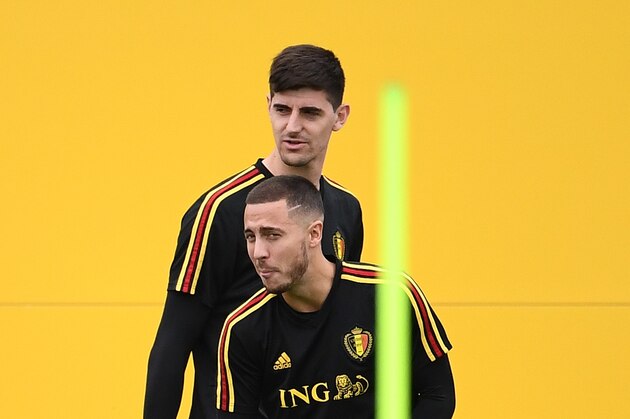 Belgium's goalkeeper Thibaut Courtois (back) and Belgium's forward Eden Hazard attend a training session at the Guchkovo Stadium in Dedovsk, outside Moscow, on July 9, 2018, on the eve of their Russia 2018 World Cup semi-final football match against France. (Photo by FRANCK FIFE / AFP)        (Photo credit should read FRANCK FIFE/AFP/Getty Images)