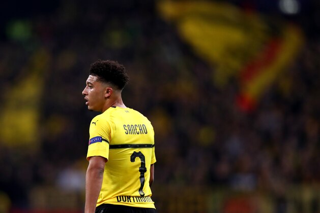 LONDON, ENGLAND - FEBRUARY 13: Jadon Sancho of Borussia Dortmund looks on during the UEFA Champions League Round of 16 First Leg match between Tottenham Hotspur and Borussia Dortmund at Wembley Stadium on February 13, 2019 in London, United Kingdom. (Photo by Chloe Knott - Danehouse/Getty Images)