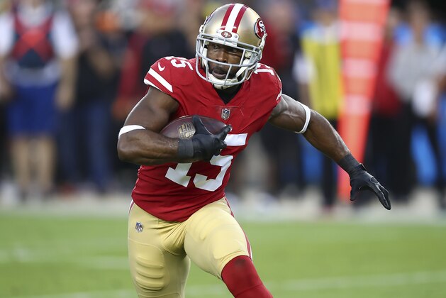 San Francisco 49ers wide receiver Pierre Garcon (15) runs against the Oakland Raiders during the first half of an NFL football game in Santa Clara, Calif., Thursday, Nov. 1, 2018. (AP Photo/Ben Margot)