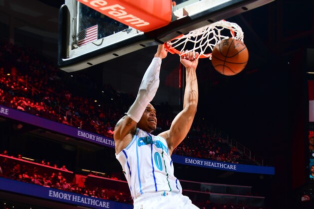 ATLANTA, GA - FEBRUARY 9: Miles Bridges #0 of the Charlotte Hornets dunks the ball against the Atlanta Hawks on February 9, 2019 at State Farm Arena in Atlanta, Georgia. NOTE TO USER: User expressly acknowledges and agrees that, by downloading and/or using this photograph, user is consenting to the terms and conditions of the Getty Images License Agreement. Mandatory Copyright Notice: Copyright 2019 NBAE (Photo by Scott Cunningham/NBAE via Getty Images)