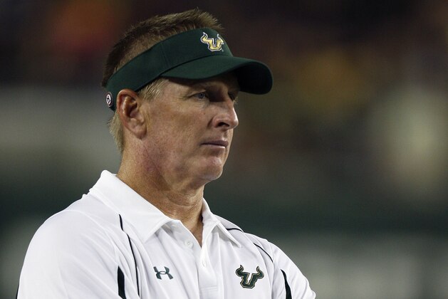 In this photo made Sept. 19, 2009, University of South Florida head coach Jim Leavitt watches his team play Charleston Southern during a NCAA college football game, in Tampa, Fla. Leavitt has been fired following an investigation of an allegation that he struck one of his players in the locker room. USF would not confirm Leavitt's dismissal, but university spokeswoman Lara Wade said all questions would be answered when the school released a report later Friday, Jan. 8, 2010. (AP Photo/Chris O'Meara)