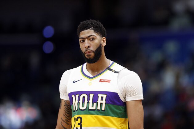 New Orleans Pelicans forward Anthony Davis (23) during the first half of an NBA basketball game in New Orleans, Tuesday, Feb. 12, 2019. (AP Photo/Tyler Kaufman)
