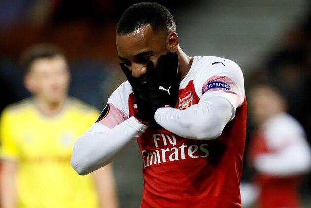 BARYSAW, BELARUS - FEBRUARY 14: Alexandre Lacazette of Arsenal reacts during the UEFA Europa League Round of 32 First Leg match between BATE Barysaw and Arsenal at Barysaw-Arena on February 14, 2019 in Barysaw, Belarus. (Photo by MB Media/Getty Images) BARYSAW, BELARUS - FEBRUARY 14: Alexandre Lacazette of Arsenal reacts during the UEFA Europa League Round of 32 First Leg match between BATE Barysaw and Arsenal at Barysaw-Arena on February 14, 2019 in Barysaw, Belarus. (Photo by MB Media/Getty Images)