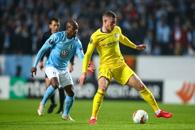 MALMO, SWEDEN - FEBRUARY 14:  Ross Barkley of Chelsea and Rasmus Bengtsson of Malmo FFduring the UEFA Europa League Round of 32 First Leg match between Malmo FF and Chelsea at Malmoe Stadion on February 14, 2019 in Malmo, . (Photo by Robbie Jay Barratt - AMA/Getty Images)