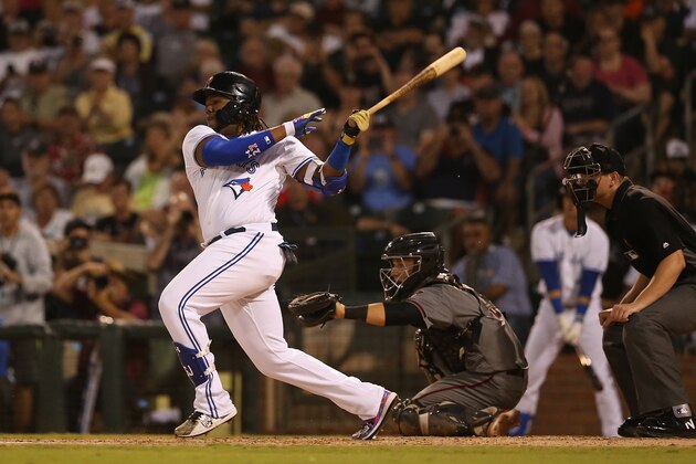 SURPRISE, AZ - NOVEMBER 03:  AFL West All-Star, Vladimir Guerrero Jr #27 of the Toronto Blue Jays bats during the Arizona Fall League All Star Game at Surprise Stadium on November 3, 2018 in Surprise, Arizona.  (Photo by Christian Petersen/Getty Images)