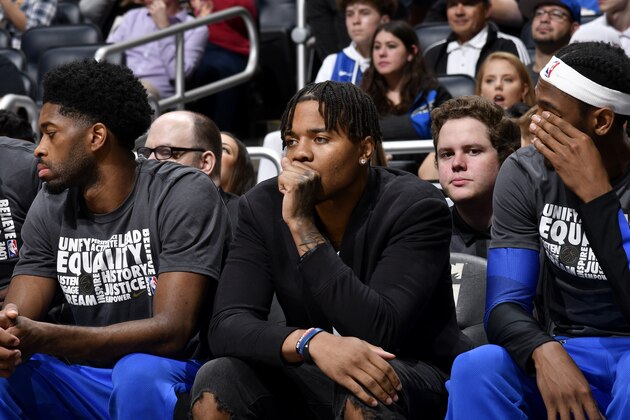 ORLANDO, FL - FEBRUARY 14: Markelle Fultz #20 of the Orlando Magic looks on during the game against the Charlotte Hornets on February 14, 2019 at Amway Center in Orlando, Florida. NOTE TO USER: User expressly acknowledges and agrees that, by downloading and/or using this photograph, user is consenting to the terms and conditions of the Getty Images License Agreement. Mandatory Copyright Notice: Copyright 2019 NBAE (Photo by Fernando Medina/NBAE via Getty Images)