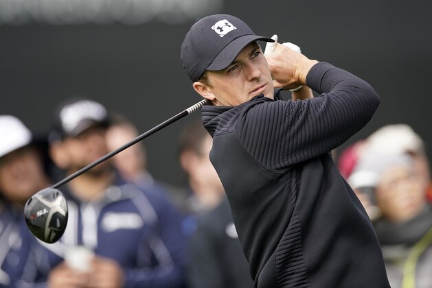 Jordan Spieth tees off on the 10th hole during the first round of the Genesis Open golf tournament at Riviera Country Club Thursday, Feb. 14, 2019, in the Pacific Palisades area of Los Angeles. (AP Photo/Ryan Kang)