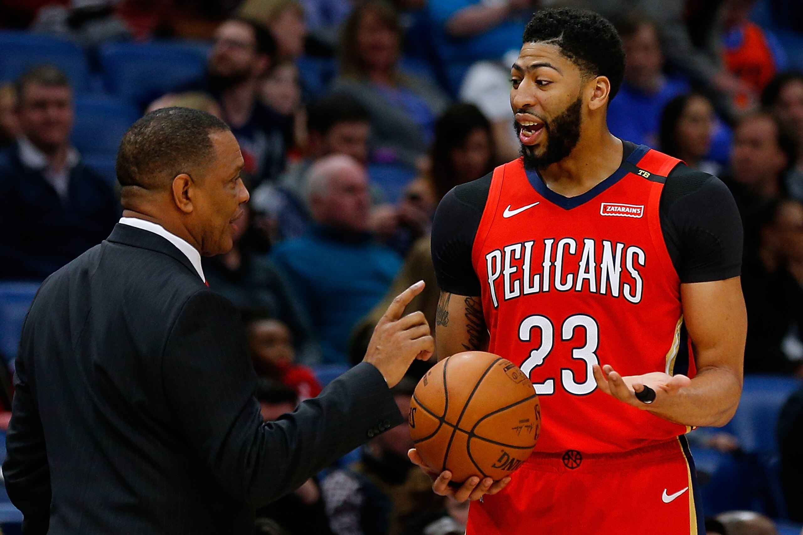 NEW ORLEANS, LOUISIANA - FEBRUARY 14: Anthony Davis #23 of the New Orleans Pelicans and head coach Alvin Gentry talk during the first half against the Oklahoma City Thunder at the Smoothie King Center on February 14, 2019 in New Orleans, Louisiana. NOTE TO USER: User expressly acknowledges and agrees that, by downloading and or using this photograph, User is consenting to the terms and conditions of the Getty Images License Agreement. (Photo by Jonathan Bachman/Getty Images) NEW ORLEANS, LOUISIANA - FEBRUARY 14: Anthony Davis #23 of the New Orleans Pelicans and head coach Alvin Gentry talk during the first half against the Oklahoma City Thunder at the Smoothie King Center on February 14, 2019 in New Orleans, Louisiana. NOTE TO USER: User expressly acknowledges and agrees that, by downloading and or using this photograph, User is consenting to the terms and conditions of the Getty Images License Agreement. (Photo by Jonathan Bachman/Getty Images)