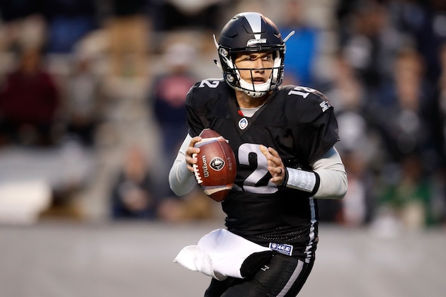 BIRMINGHAM, ALABAMA - FEBRUARY 10:  Luis Perez #12 of Birmingham Iron looks to pass during an Alliance of American Football game against the Memphis Express at Legion Field on February 10, 2019 in Birmingham, Alabama. (Photo by Joe Robbins/AAF/Getty Images)