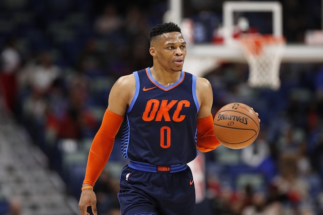 Oklahoma City Thunder guard Russell Westbrook (0) during the first half of an NBA basketball game in New Orleans, Thursday, Feb. 14, 2019. (AP Photo/Tyler Kaufman)