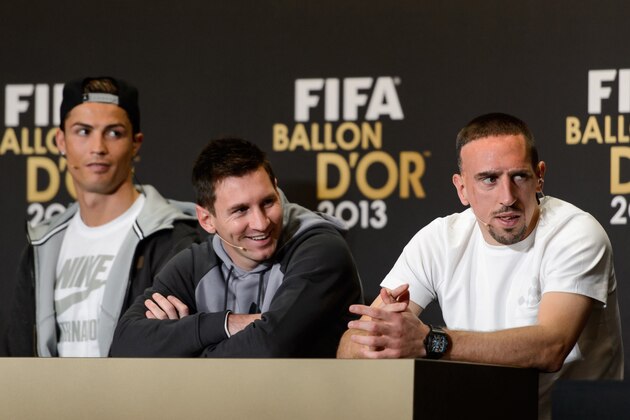 2013 FIFA Ballon d'Or nominees (L-R) Real Madrid's Portuguese forward Cristiano Ronaldo, Barcelona's Argentine forward Lionel Messi and Bayern Munich's French midfielder Franck Ribery attend a press conference ahead of the FIFA Ballon d'Or award ceremony at the Kongresshaus in Zurich on January 13, 2014. AFP PHOTO / FABRICE COFFRINI        (Photo credit should read FABRICE COFFRINI/AFP/Getty Images)