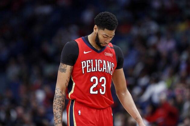 New Orleans Pelicans forward Anthony Davis (23) during the first half of an NBA basketball game in New Orleans, Thursday, Feb. 14, 2019. (AP Photo/Tyler Kaufman)