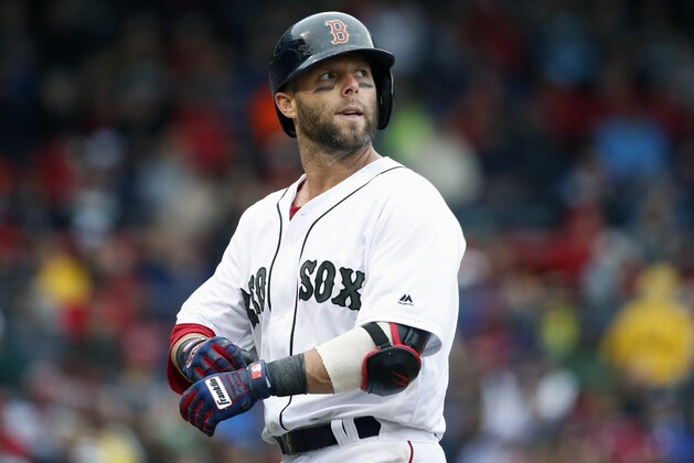 Boston Red Sox's Dustin Pedroia walks to the dugout after his pop out during the fourth inning of an interleague baseball game against the Atlanta Braves, Sunday, May 27, 2018, in Boston. (AP Photo/Michael Dwyer)