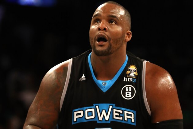 BROOKLYN, NY - AUGUST 24: Glen Davis #0 of Power shoots a free throw against 3's Company during the BIG3 Championship at the Barclays Center on August 24, 2018 in Brooklyn, New York.  (Photo by Al Bello/BIG3/Getty Images)
