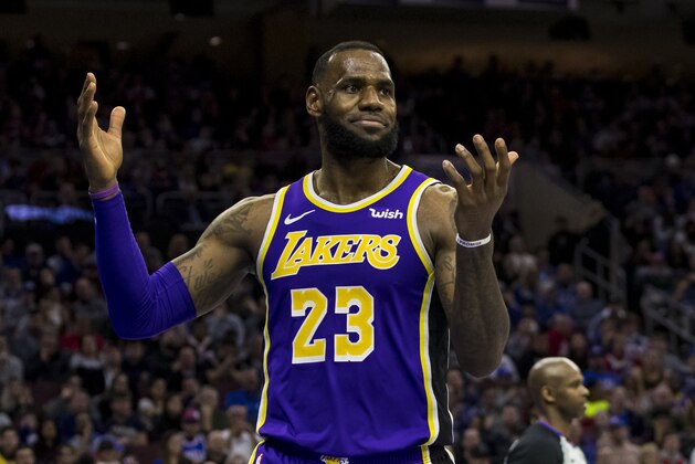 Los Angeles Lakers' LeBron James reacts during the second half of an NBA basketball game against the Philadelphia 76ers, Sunday, Feb. 10, 2019, in Philadelphia. The 76ers won 143-120. (AP Photo/Chris Szagola)